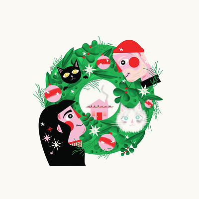 Christmas Card cats christmas family holidays house illustration wreath