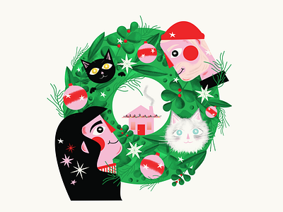 Christmas Card cats christmas family holidays house illustration wreath