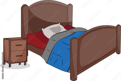 Bed with bedside table cartoon style vector illustration room