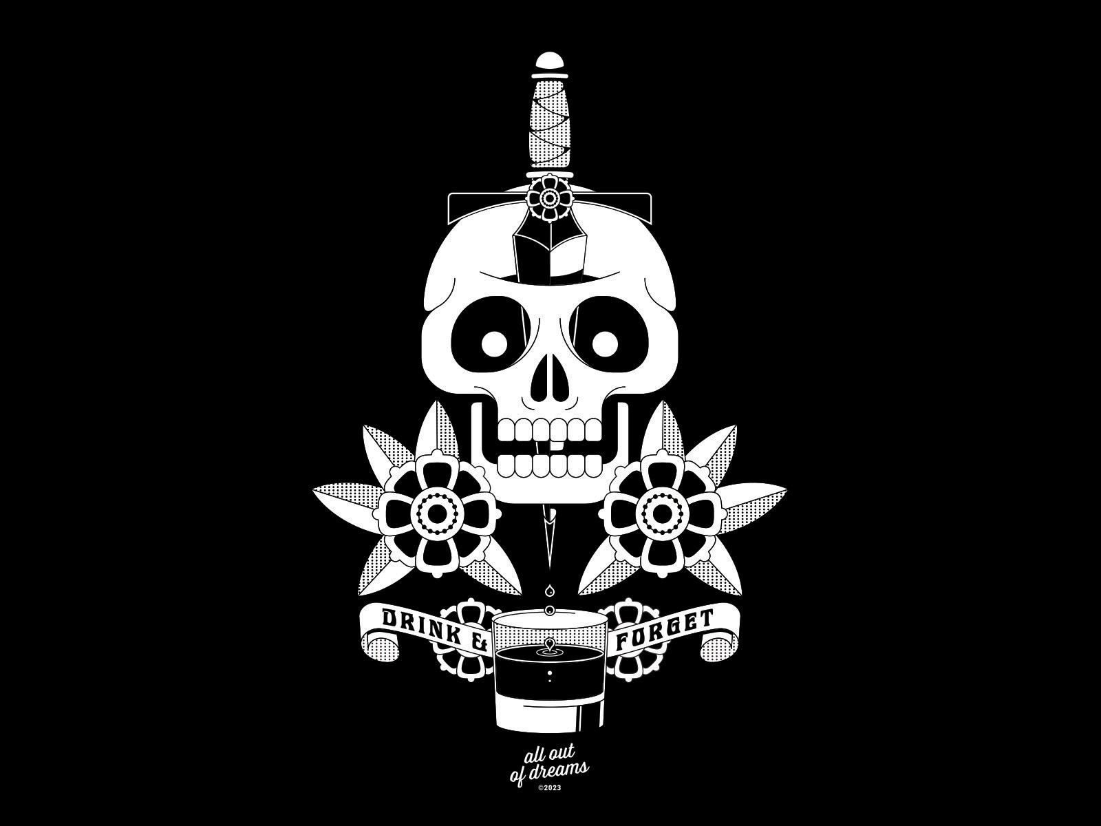 Drink & Forget black white dagger drinking graphic design halftone illustration illustrator skull skull dagger whiskey