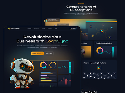 CogniSync - AI Services Landing Page Concept - Homepage 2 3d ai artificial intelligence contact dark mode design flat design futuristic gradient hero banner illustration introduction light green linear neon robotic ui ui design ux design