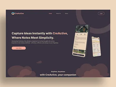CreActive: Journalling App - Desktop Design color palette dark mode desktop design journalling landing page ui concept ui design ui inspo ui palette website design