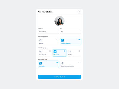 Add New Student Pop Up checkboxes clean components design education figma kids learning minimal modal pop up product design radiobuttons student studying teacher teaching ui ux web app