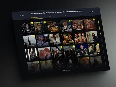Streamberry - Content Streaming Platform - Onboarding Page category checkbox content streaming platform dark mode desktop disney film hbomax hulu movie netflix onboarding preferences prime video profile tab ui design user interface design web design