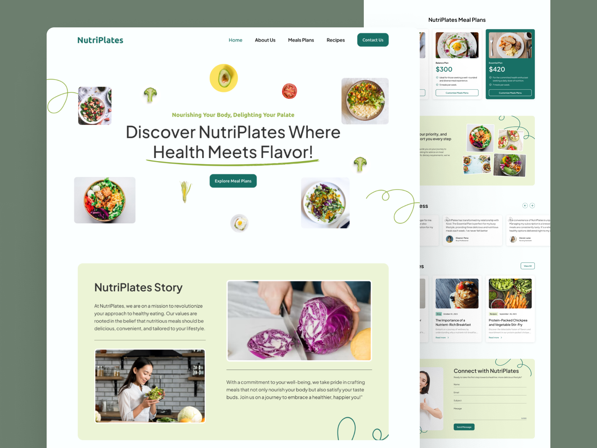 NutriPlates - Design Concept for Healthy Food Catering about us section catering company profile website contact us section food food website healthy healthy website meal plans pricing plan recipe ui uiux uiux design uiux inspiration user experience user interface ux