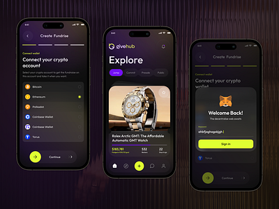 GiveHub | Mobile App Fundraising Flow UI Design | Orbix Studio app branding crypto dark design fundingapplication fundraise illustration investmentapp logo minimal mobile app design orbix studio product design ui design uiux uiux design user interface userexperience visual design