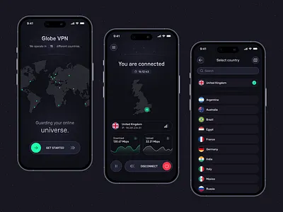 VPN Dark theme app app chart clean concept dark dark mode design figma flags linear map mobile technology ui ux vpn