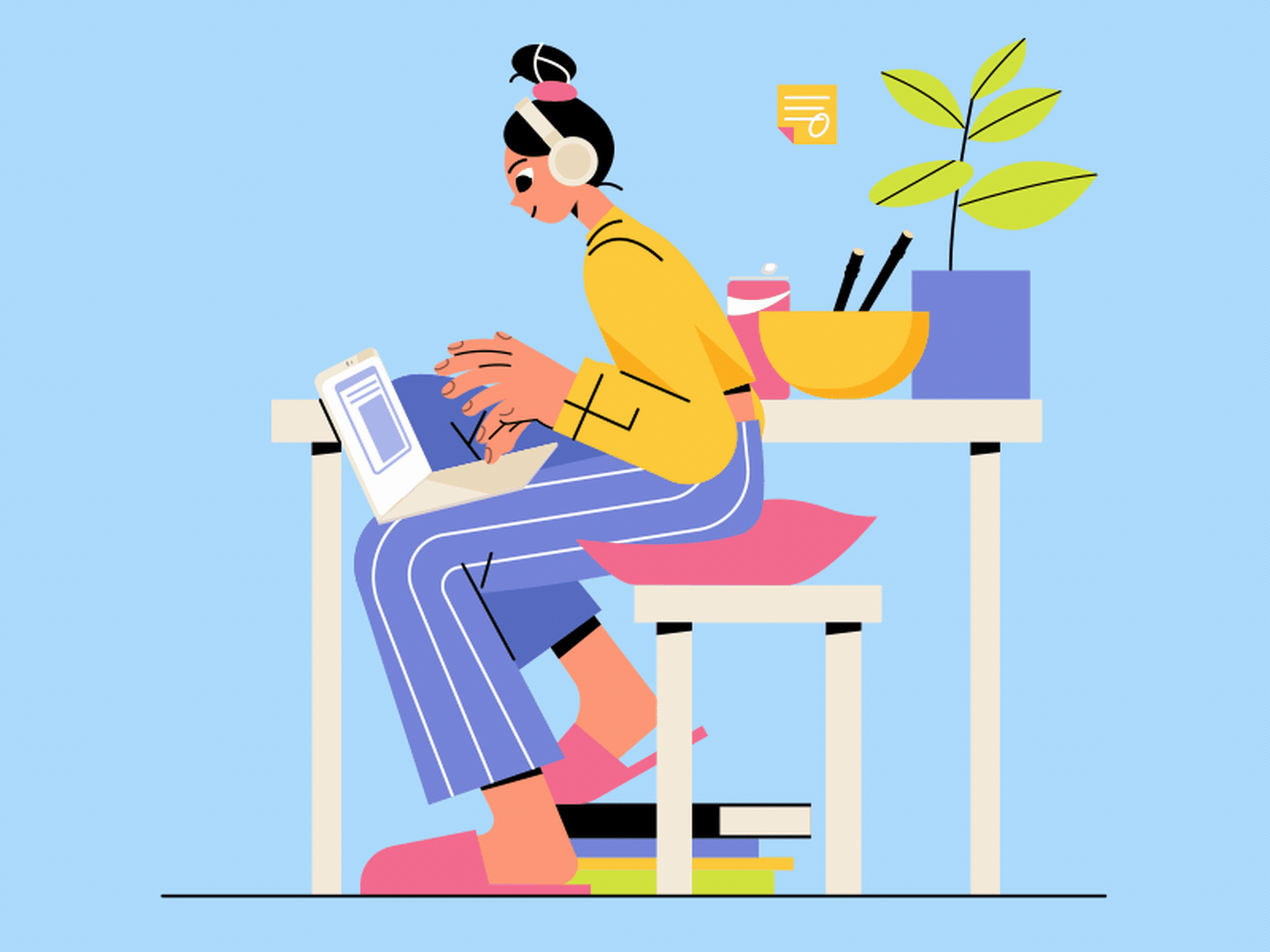 Girl is working on laptop at a remote job 2d animation daily design development freelance headphones home laptop music office progress remote sitting typing vector web woman workflow working