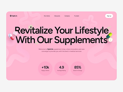 Healthcare service landing page concept animation bento cards concept design elements figma graphics green grey health healthcare illustration pink supplement typography ui ux vitamin web