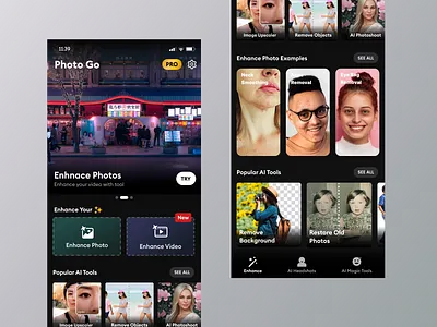 Photo Enhancer App ai app ai tools app branding design enhanced photos enhancer app graphic design home screen illustration logo photo editing app photo enhancer app photo go app tools app ui ux vector video enhancer app