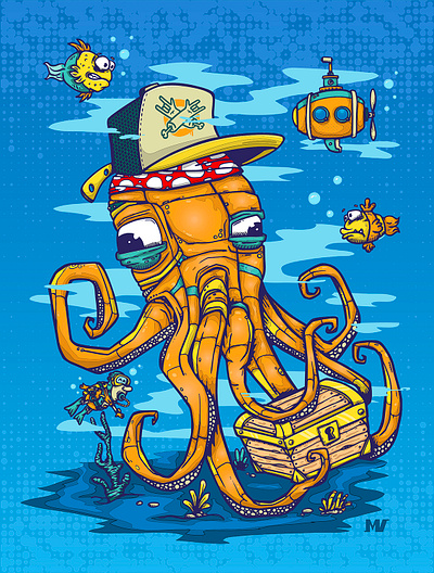 Octopus print cartoon diver doodle fish illustration octopus submarine tentacle treasure vector