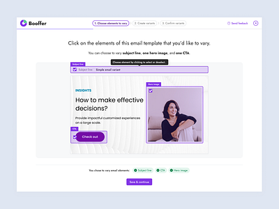 Booffer - UX/UI design of the AI-based experiment configuration ai animation cta email interaction design marketing saas subject lines ui ux