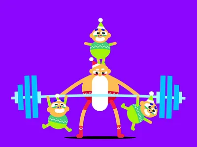 OKOO /// SANTA'S TRAINING animation christmas dumbbell elf elves gif illustration loop motion graphics noël santa training work out xmas