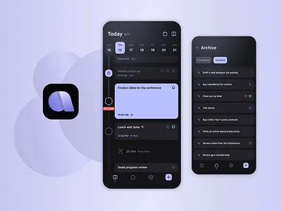 Arcush - Daily Planner agenda app app icon calendar clean dark list logo mobile navigation planner productivity tasks timeline todo ui