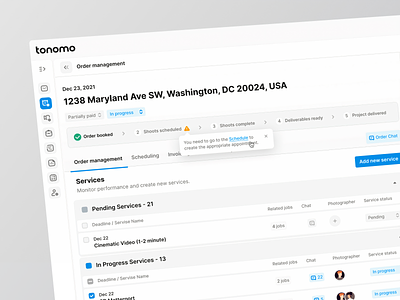 Tonomo: Order Management booking crm design interface management order panel photography real estate redesign services tonomo ui ux web web design