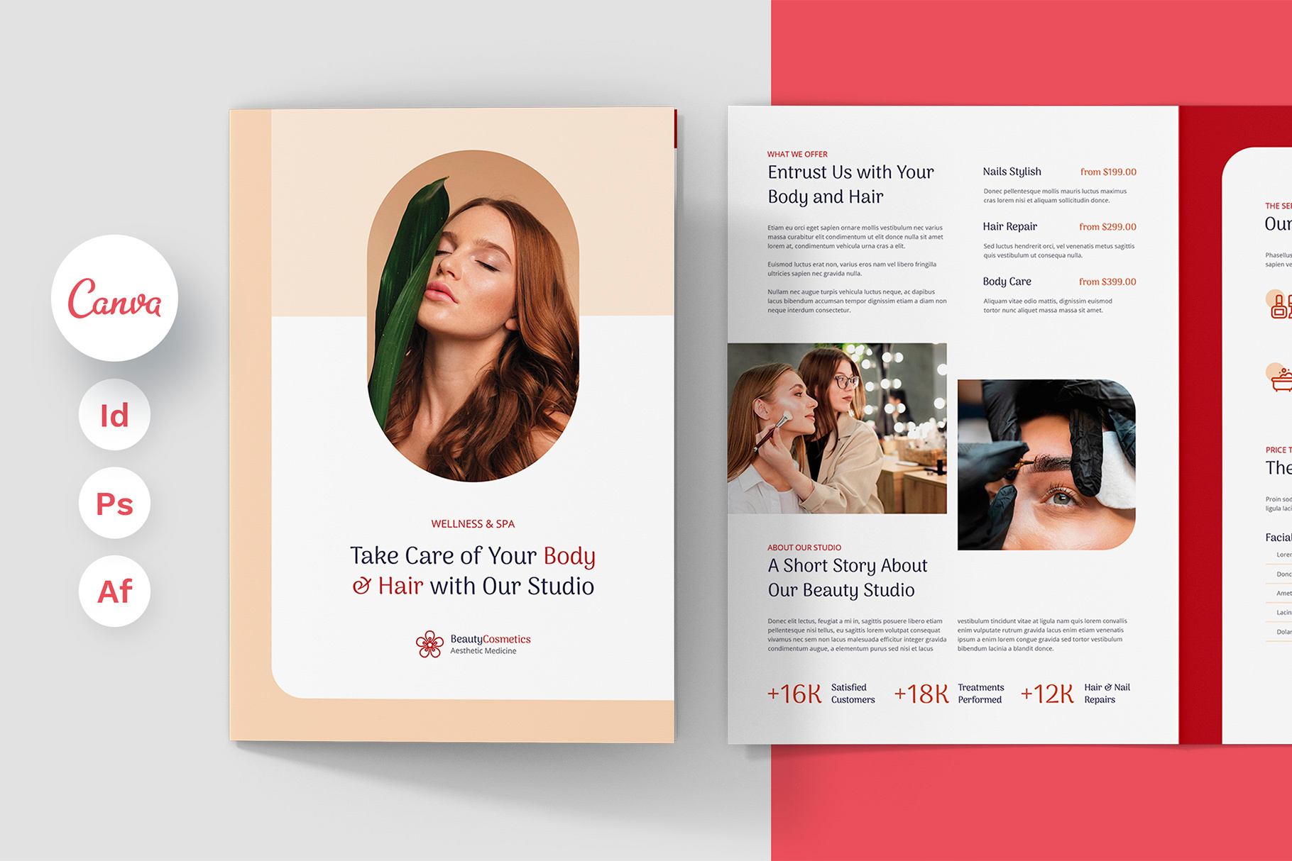 Beauty Cosmetics Brochure Bi-Fold Canva InDesign Template beauty business brochure bifold brochure canva brochure design brochure for beauty brochure for doctor brochure for hairdresser brochure indesign brochure offer brochure photoshop brochure template cosmetology brochure creative market digital product envato elements esthetician brochure etsy shop hair salon print design print template