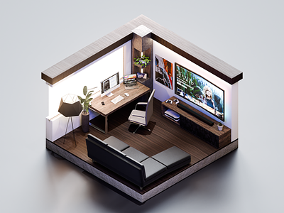 Home Office 3d 3d modeling ambient lighting blender diorama figma gaming home home office illustration isometric macbook pro modern office polygon runway realistic render smart home