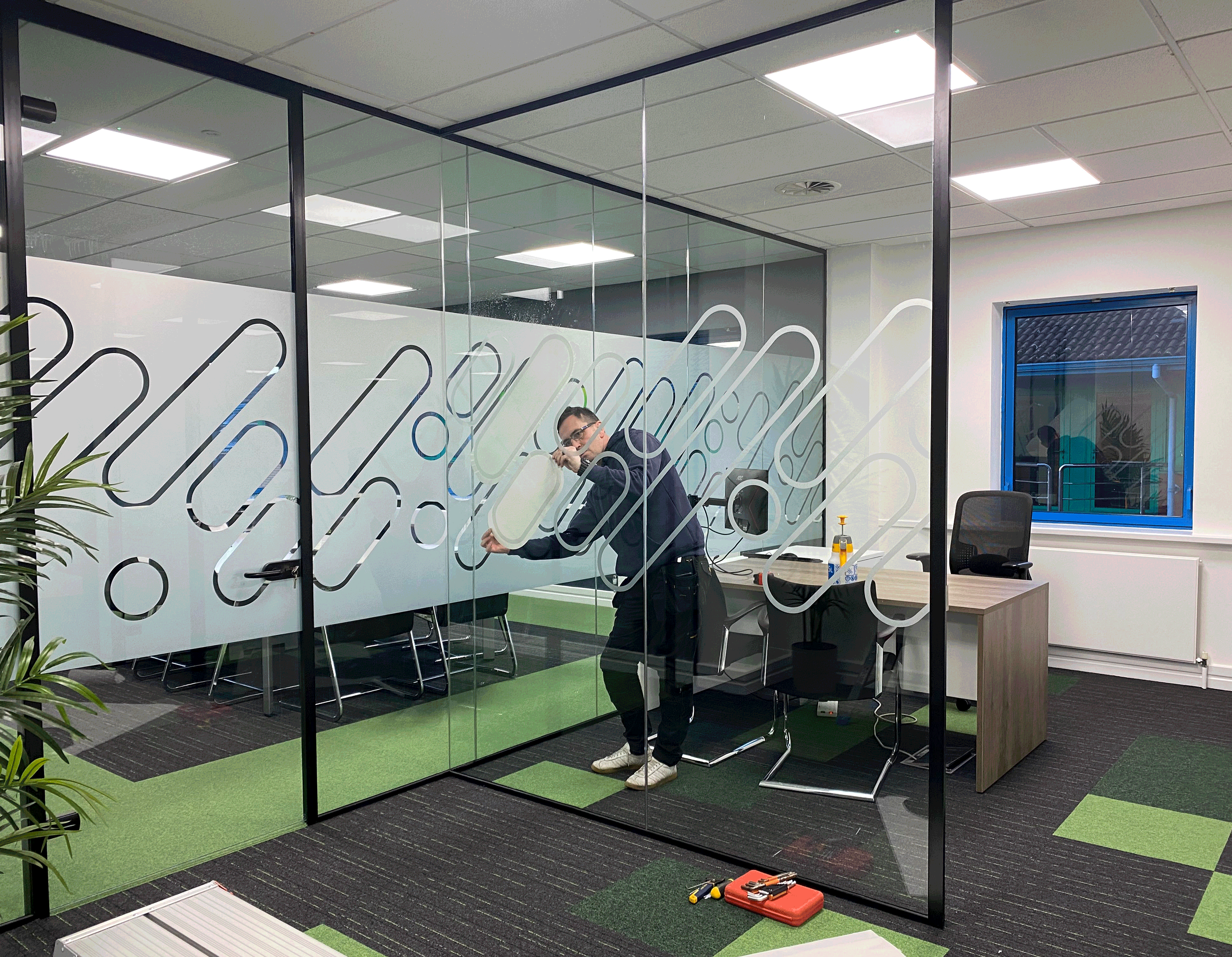 Mint Tech - Glass Manifestation brand design branding frosted vinyl graphic design office display office graphics reynolds press signage signage design signage installation vinyls wall art wall graphics window display