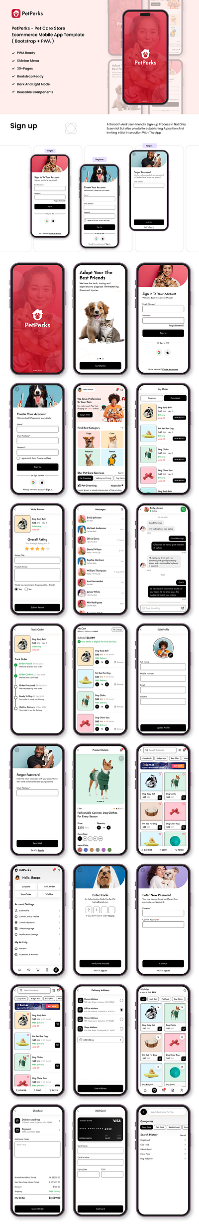 PetPerks - Pet Care Store eCommerce Mobile App Template android app bootstrap creative design ecommerce html mobile app mobile appliction online store pet pet store product design pwa template uiux website woocomerce