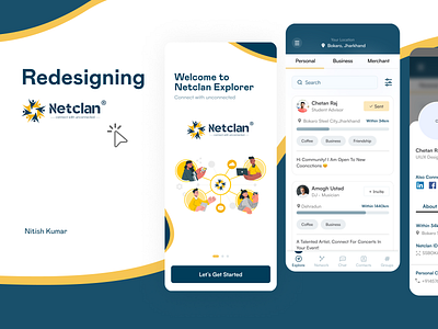 Mobile App Redesign-Netclan, A Networking App app design connection job landing page linkedin redesign social media swiggy ui uiux user interface ux web design