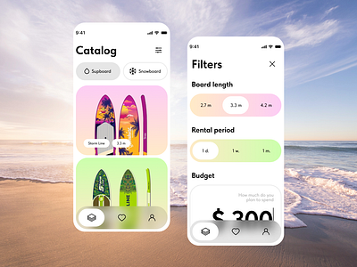 Supboard rental app for kalinin.school app application bento bento grid catalog filters ios iphone ocean rent rental rental application sup supboard ui uxui