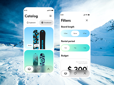 Snowboard rental app for kalinin.school app application bento grid bento style catalog filter glass gradient ios iphone kalinin.school matte mobile rent rental application responsive snowboard snowboard rent uxui winter