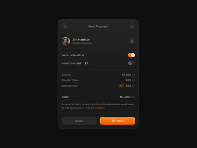Send Payment 💫 app dark design system jim designs jimdesigns jimdesigns.co modal orange payment product design saas skeuomorphism ui