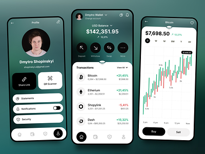 Fintech Banking Mobile App Creative with Profile Wallet Crypto android app banking chart creative crypto cryptocurrency finances fintech gradient ios minimalism mobile product profile service settings