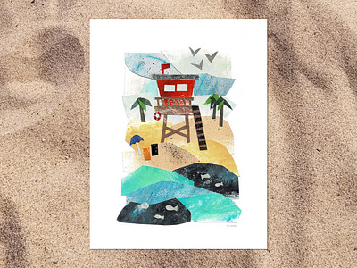 Lifeguard Tower Collage acrylic paint art artprint beach collage collage illustration editorial illustration illustration lifeguard paint paper cut paper cut collage paper cutting texture