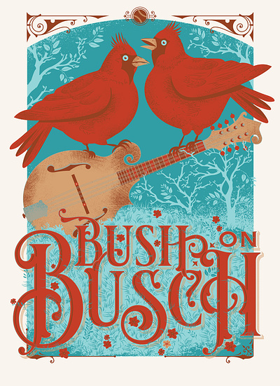 Bush on Busch cardinal illustration mandolinist new grass revival. sam bush