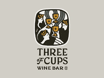 Three of Cups Wine Bar Main Logo abundance bar branding custom typography ex libris gold hand lettered illustration logo memphis serif stamp symbolism tarot three of cups three sirens vector wine women woodcut