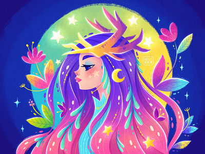 Maiden with a crown of branches. Character Illustration art artist bright character colorful concept design female flowers girl hair illustration leaves moon stars vivid woman
