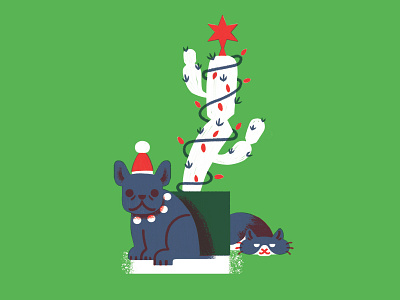 Happy Holidays from a5 animal bulldog cactus cat christmas dog french holiday illustration painting