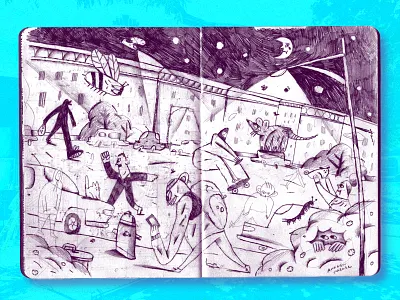 Sketchbook: Down The Street andrew haener city funny humor illustration illustrator night sketchbook urban