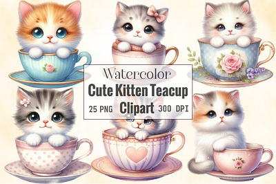 Watercolor Cute Kitten Teacup Clipart floral clipart