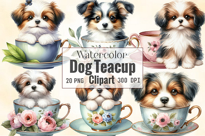 Watercolor dog Teacup Clipart comfortable