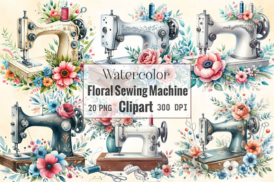 Watercolor Floral Sewing Machine Clipart spring clipart