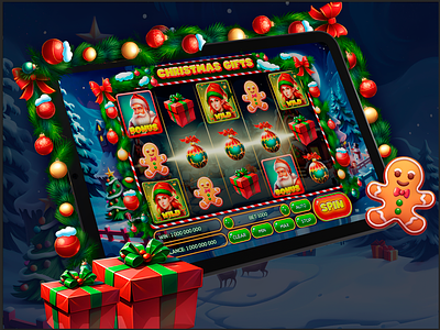 Fairy ‘Christmas Gifts’ Slot — Background and UI elements background art background design bonus elf gifts gingerbread man illustration new year decorations new year gifts new year themed online gameres presents santa slot online ui ui elements wild