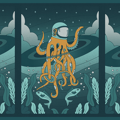 'Lost In Space, Lost At Sea' Illustrated Poster, 2023 astronaut fish gig poster illustration long island ocean octopus poster sea space vector