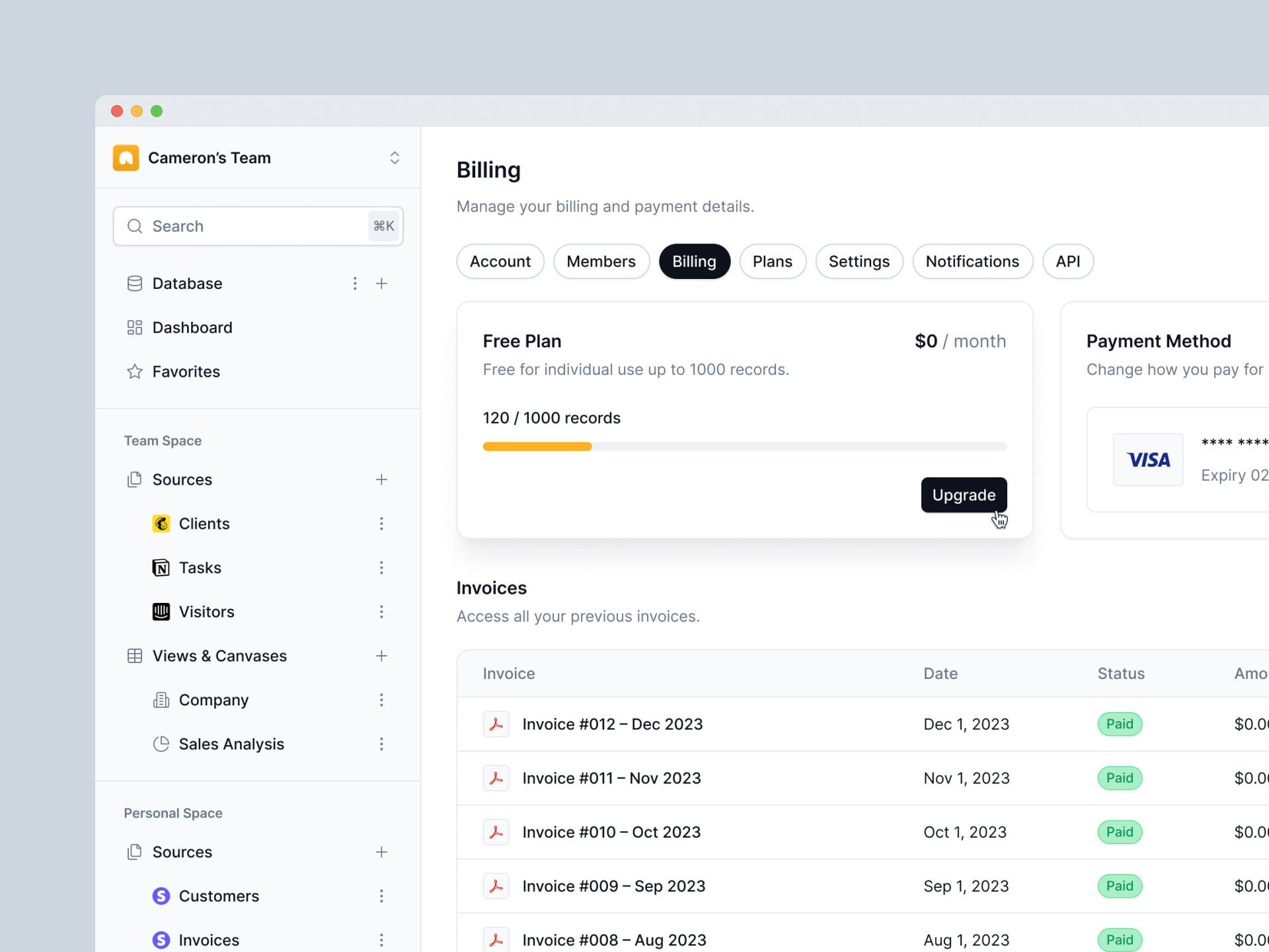 Billing Page — Mingle ai dashboard ai design billing dashboard billing page clean dashboard clean design dashboard design invoices design light mode dashboard minimal minimal dashboard payment payment dashboard product design user experience user experience design user interface ux design