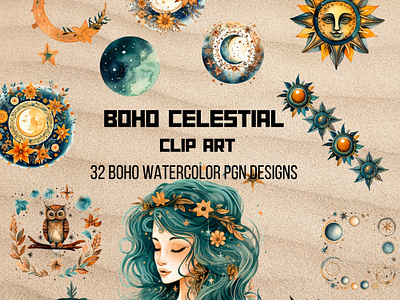 Boho Celestial bohemian boho celestial clip art collage art design graphic design illustration moon owls pod sublimation sun watercolor