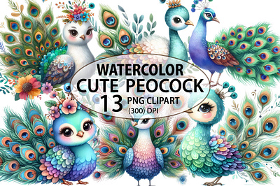 Watercolor Cute Peacock Collection cute png