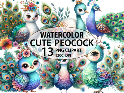 Watercolor Cute Peacock Collection cute png