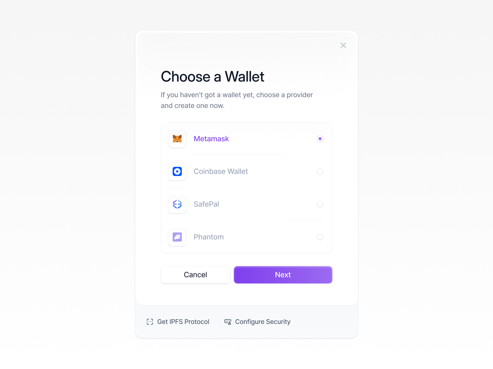 Wallet Selection Pop-up – WIP bitcoin btc crypto design nft product saas ui ux wallet