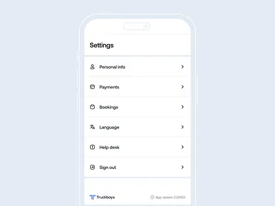 Settings page | Truck parking app company logo flat design list view lot minimal ui nav bar separate ui settings sleek ui