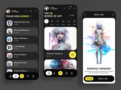 NFT Marketplace Auction Arts Anime Girls Bitcoin .bitcoin anime app creative crypto interface minimalism mobile nft product startup