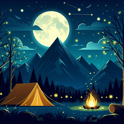camping in the night bonfire firefly full moon landscape star tent