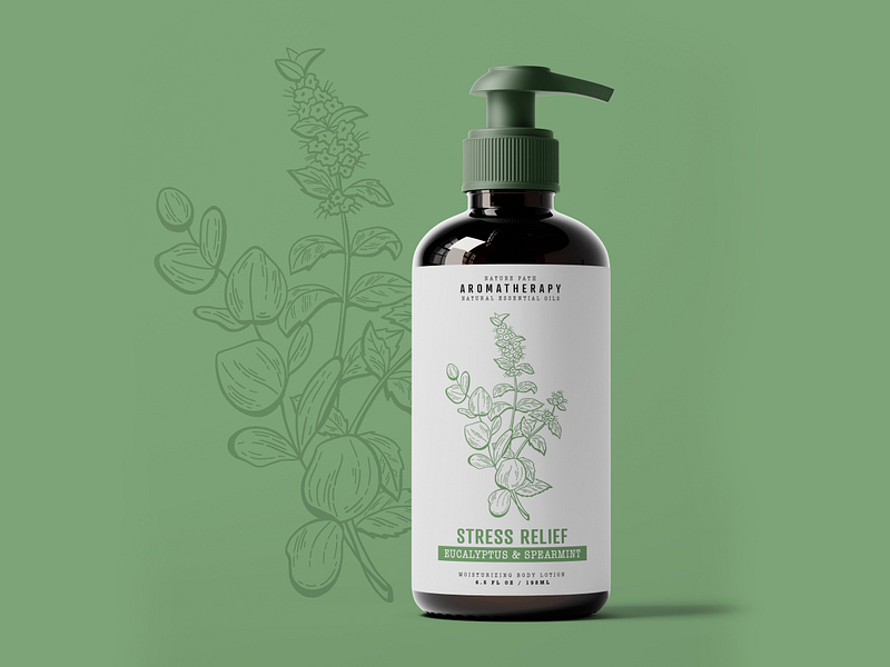 Stress Relief Body Lotion Packaging amber aromatherapy botanical bottle eucalyptus green illustration label lotion packaging plant spearmint stress