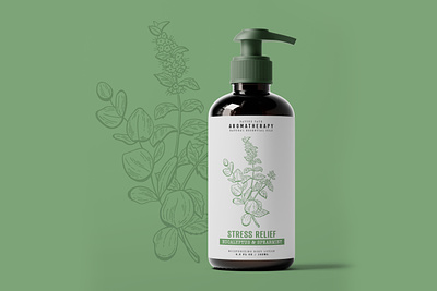 Stress Relief Body Lotion Packaging amber aromatherapy botanical bottle eucalyptus green illustration label lotion packaging plant spearmint stress