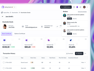 SAAS Dashboard Shareholder b2b cap table certificate clean crm dashboard design equity plans interface minimal notifications product design saas shareholder software software as a service ui ux